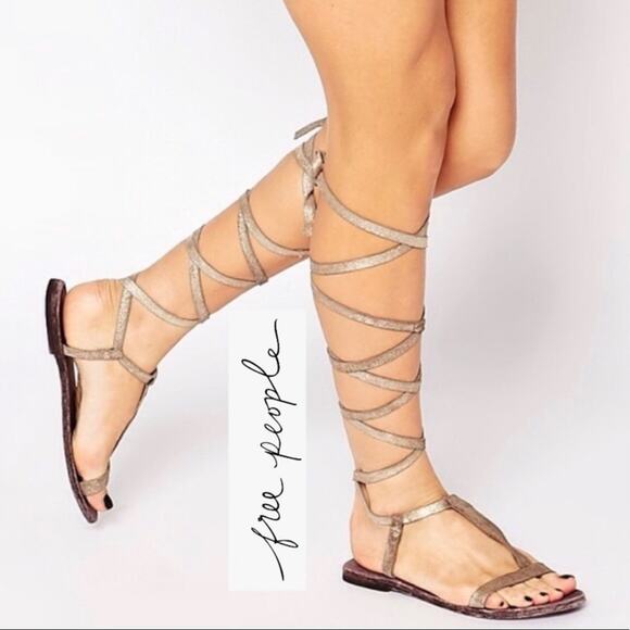 Free People Dahlia Lace Up Metallic Leather Gladiator Sandals Size 9.5 - Picture 1 of 13